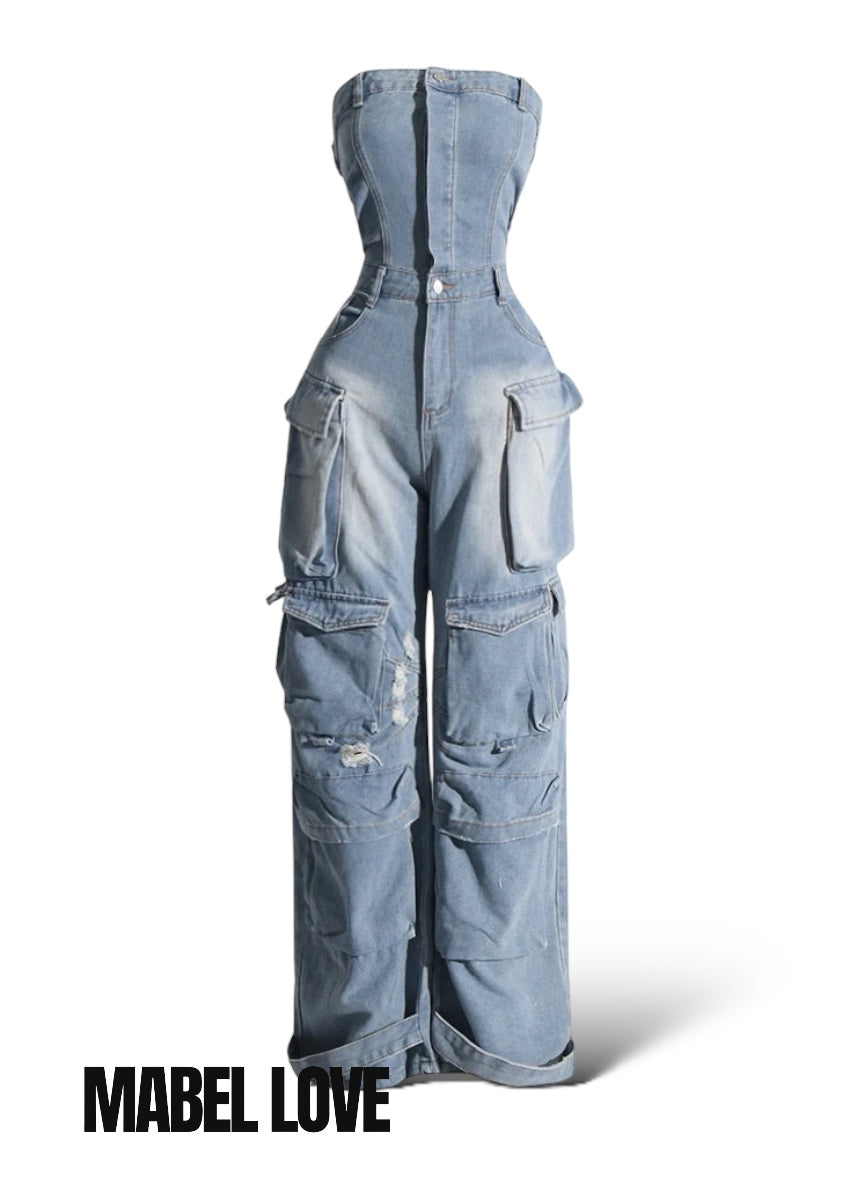 strapless denim cargo jumpsuit