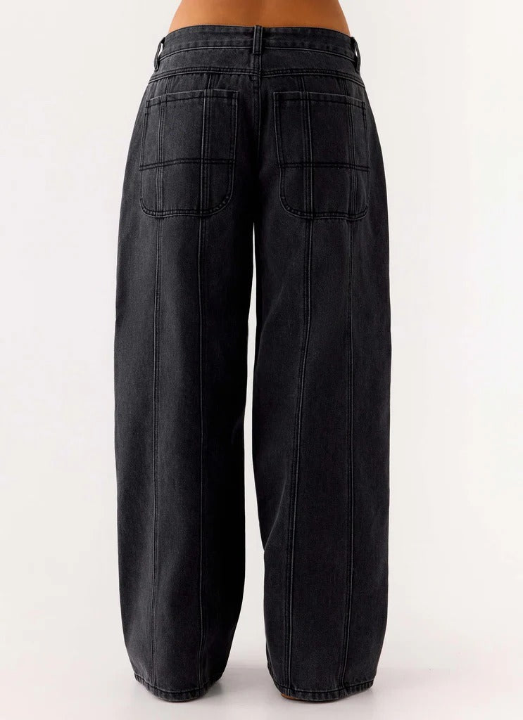 Johnny Low Rise Wide Leg Jeans - Grey Charcoal