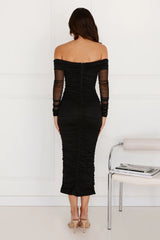 Get Together Off Shoulder Mesh Long Sleeve Midi Dress Black