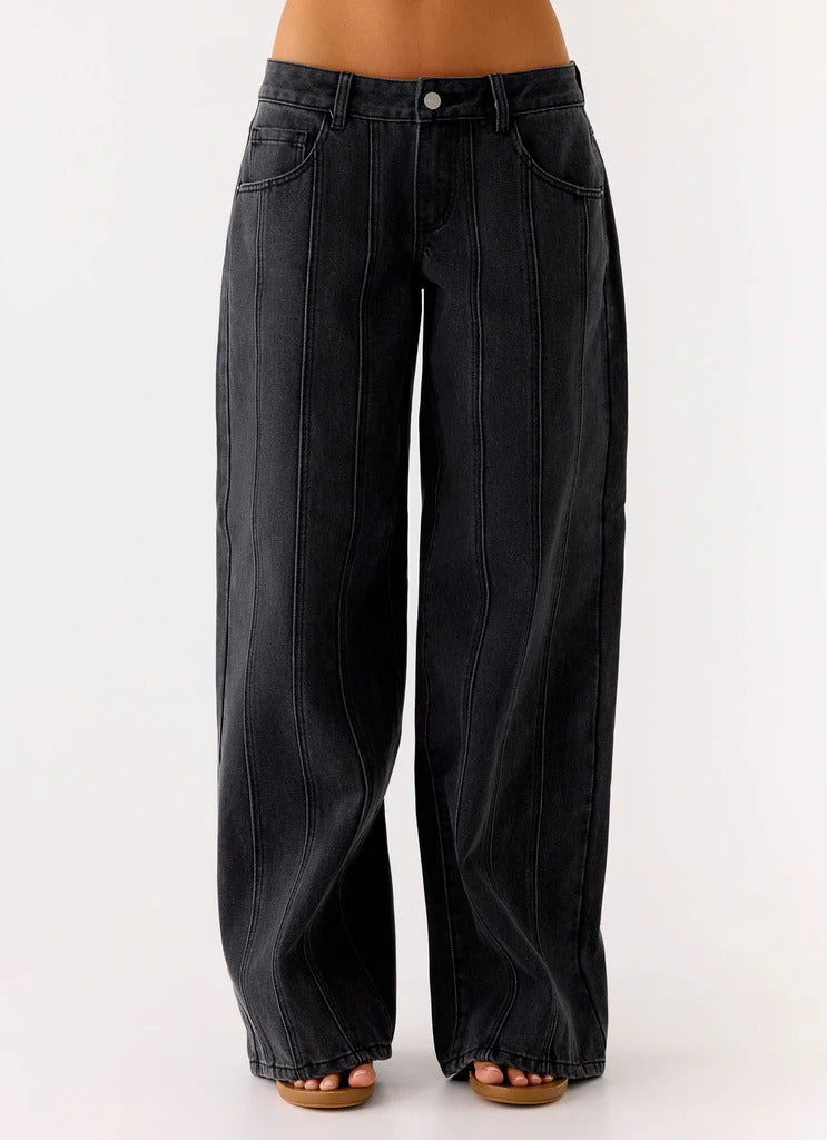 Johnny Low Rise Wide Leg Jeans - Grey Charcoal