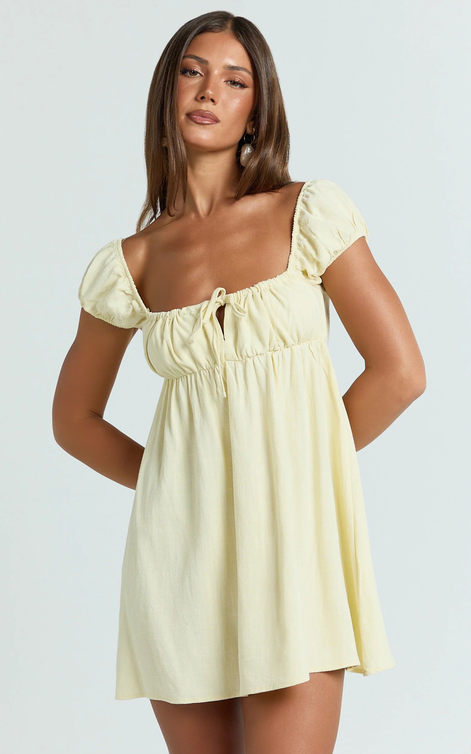 Puff Sleeve Front Tie Babydoll Dress in Lemon